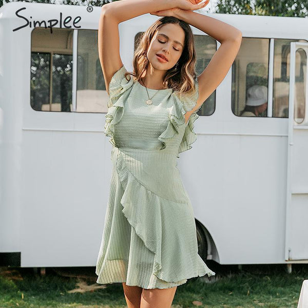 Ruffled o-neck short summer dress women Sleeveless