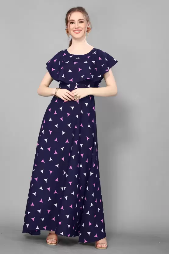 Women's Printed Crepe Stitched Anarkali Gown (NAVY Blue) (Size M)